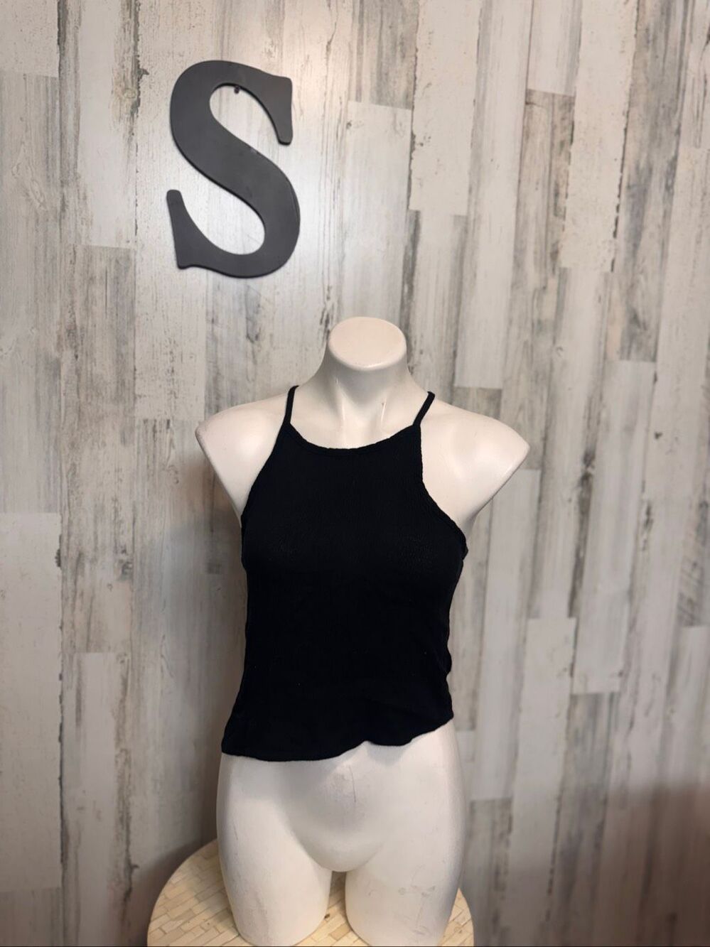 Final Touch High Neck Crinkle Ribbed Cami Crop Top Womens Small Black USA